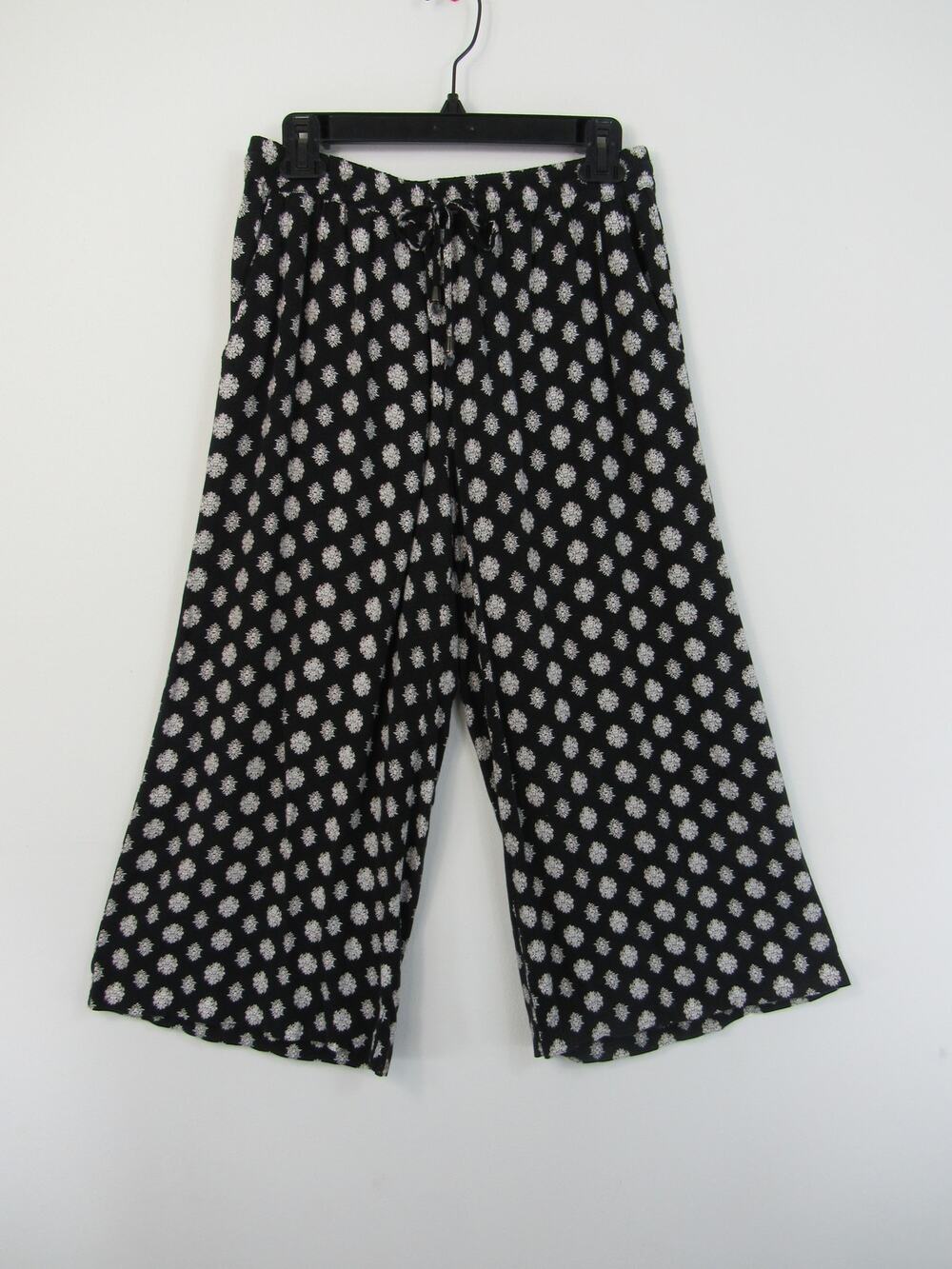 Artisan NY Large Black White Ikat Wide Leg Cropped Pants Culottes Trousers